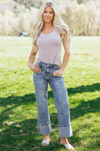 Light Wash Cuffed Wide Leg Jeans