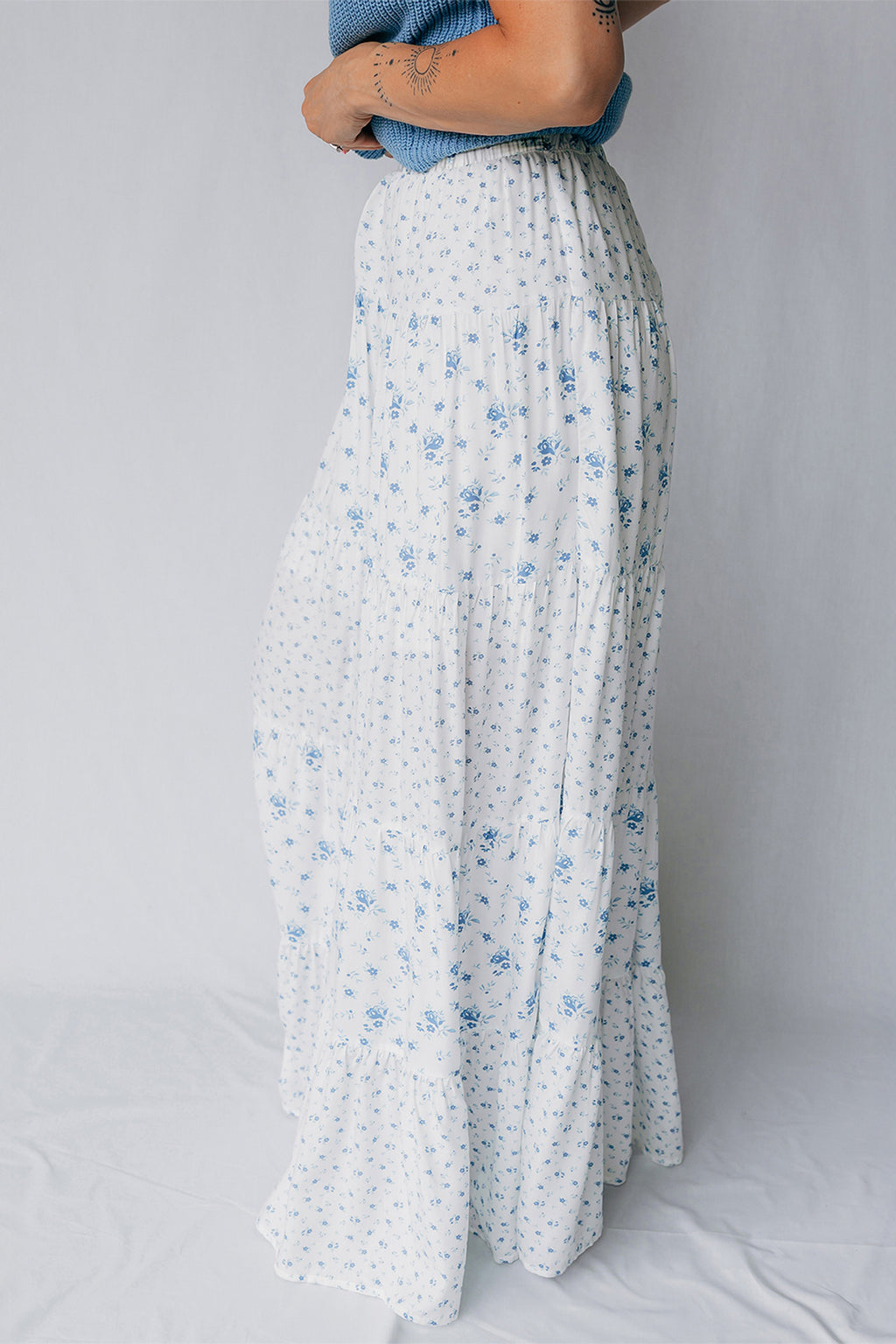 White & Blue Ditsy Floral Tiered Maxi Skirt