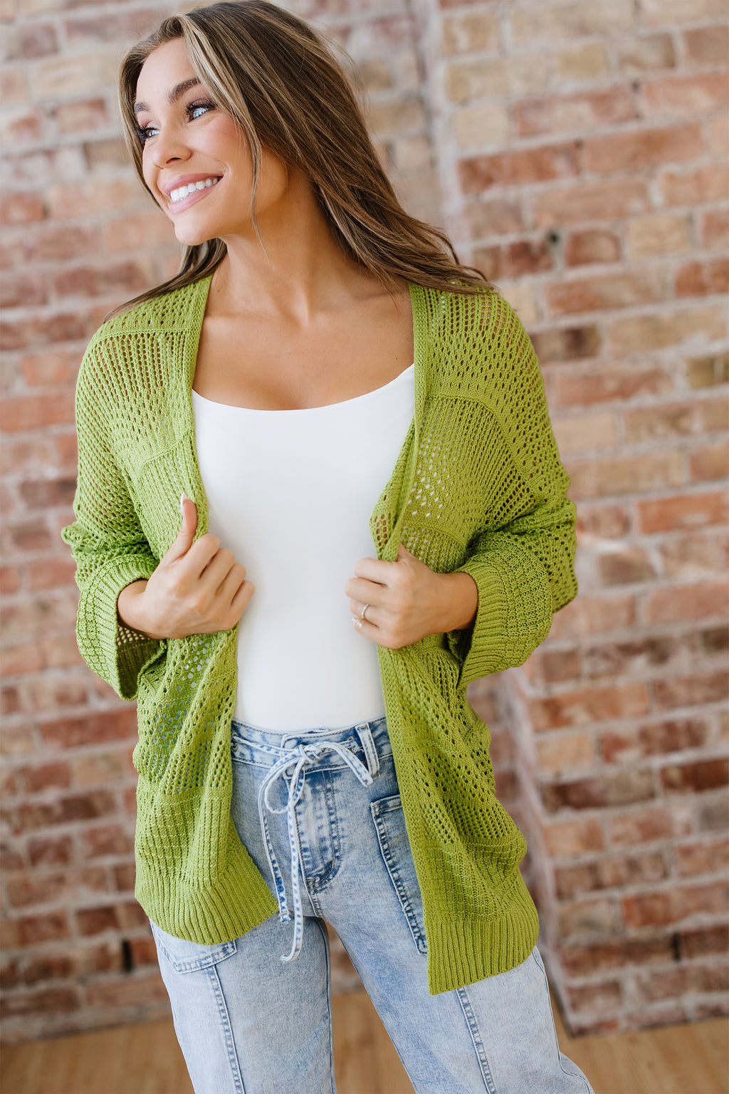 Pear Green Pointelle Open-Front Cardigan