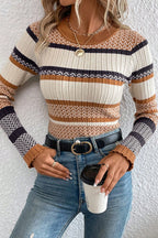 Camel Fair Isle Ribbed Knit Sweater
