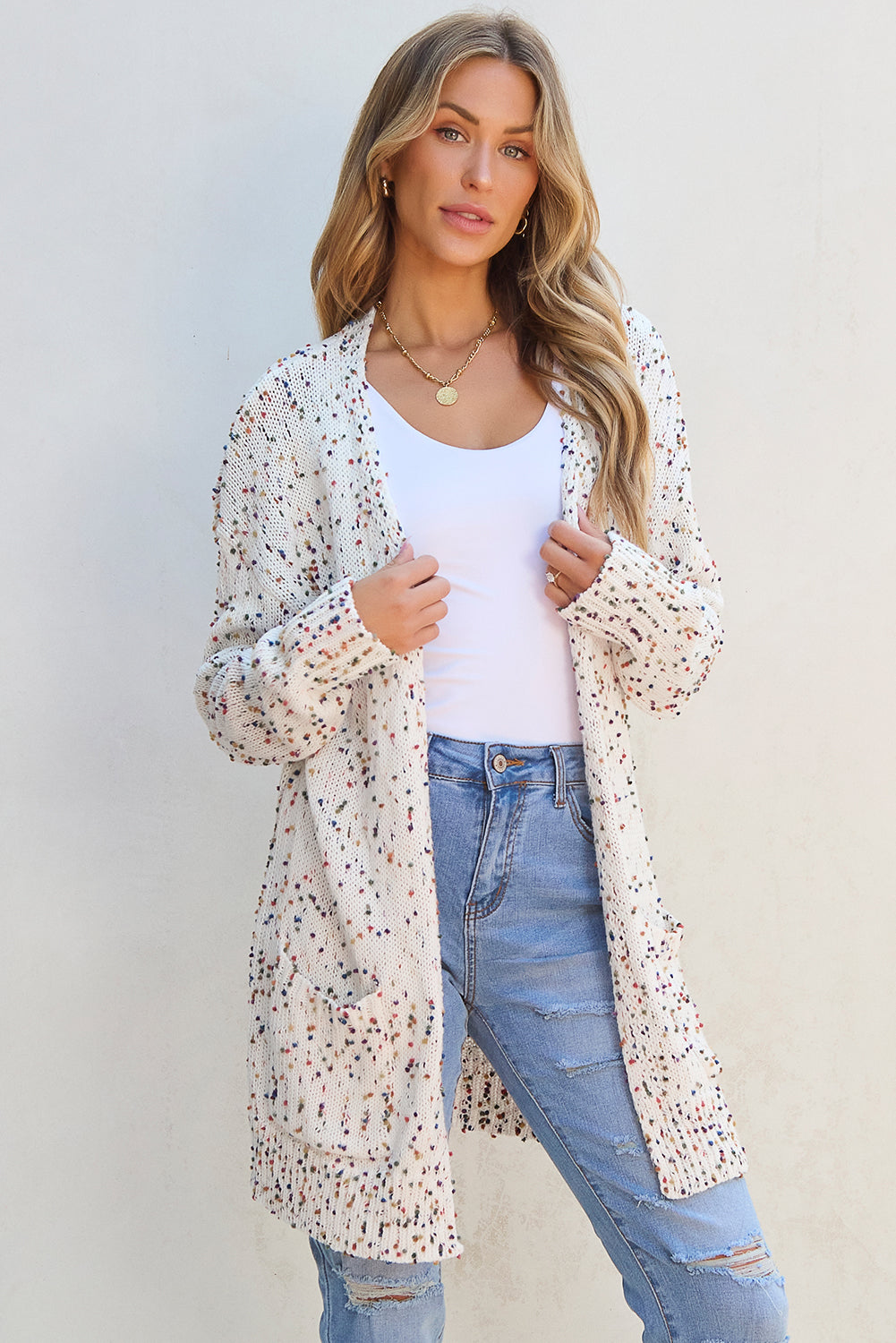 Cream Confetti Knit Open-Front Cardigan