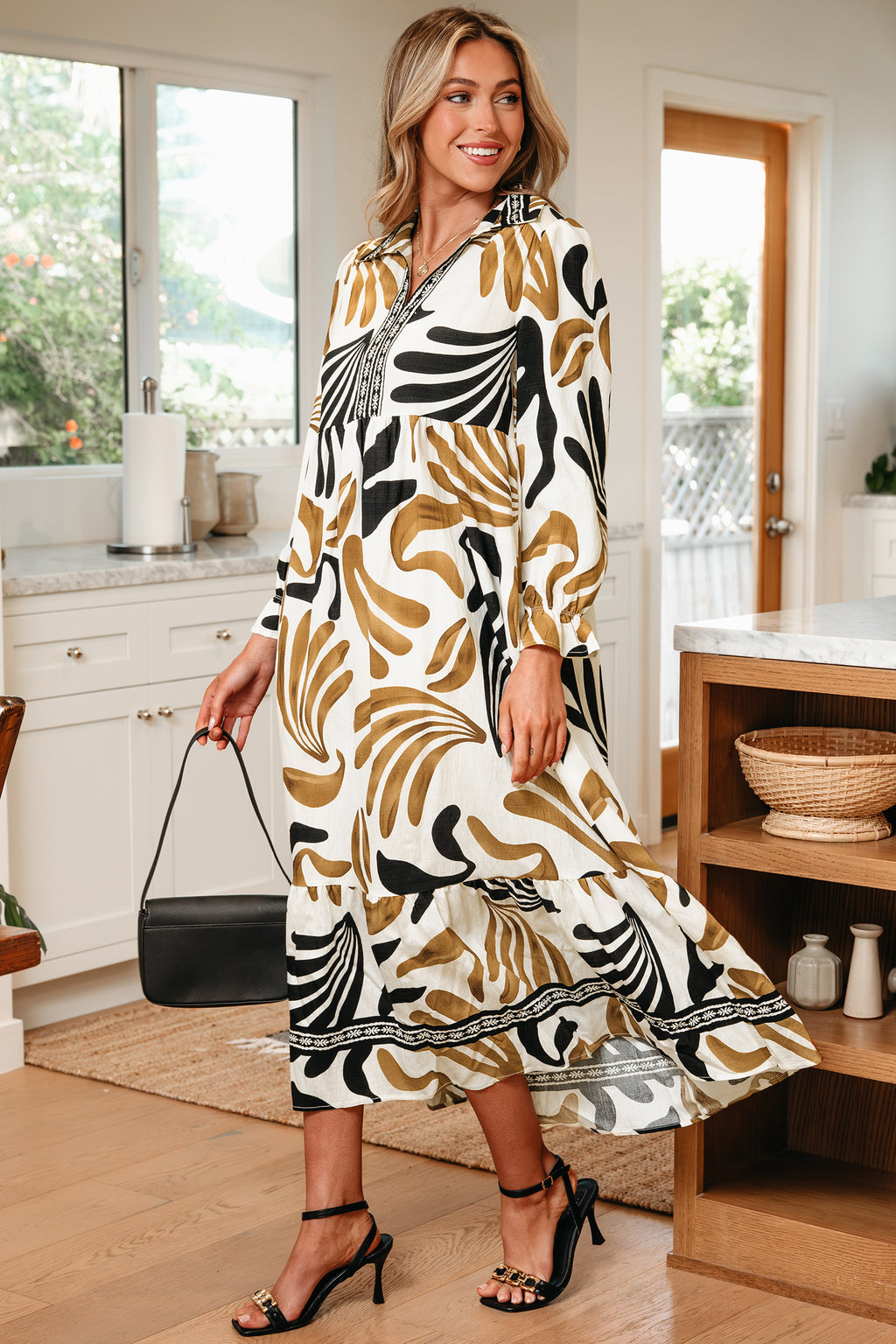 Camel Palm Print Midi Dress
