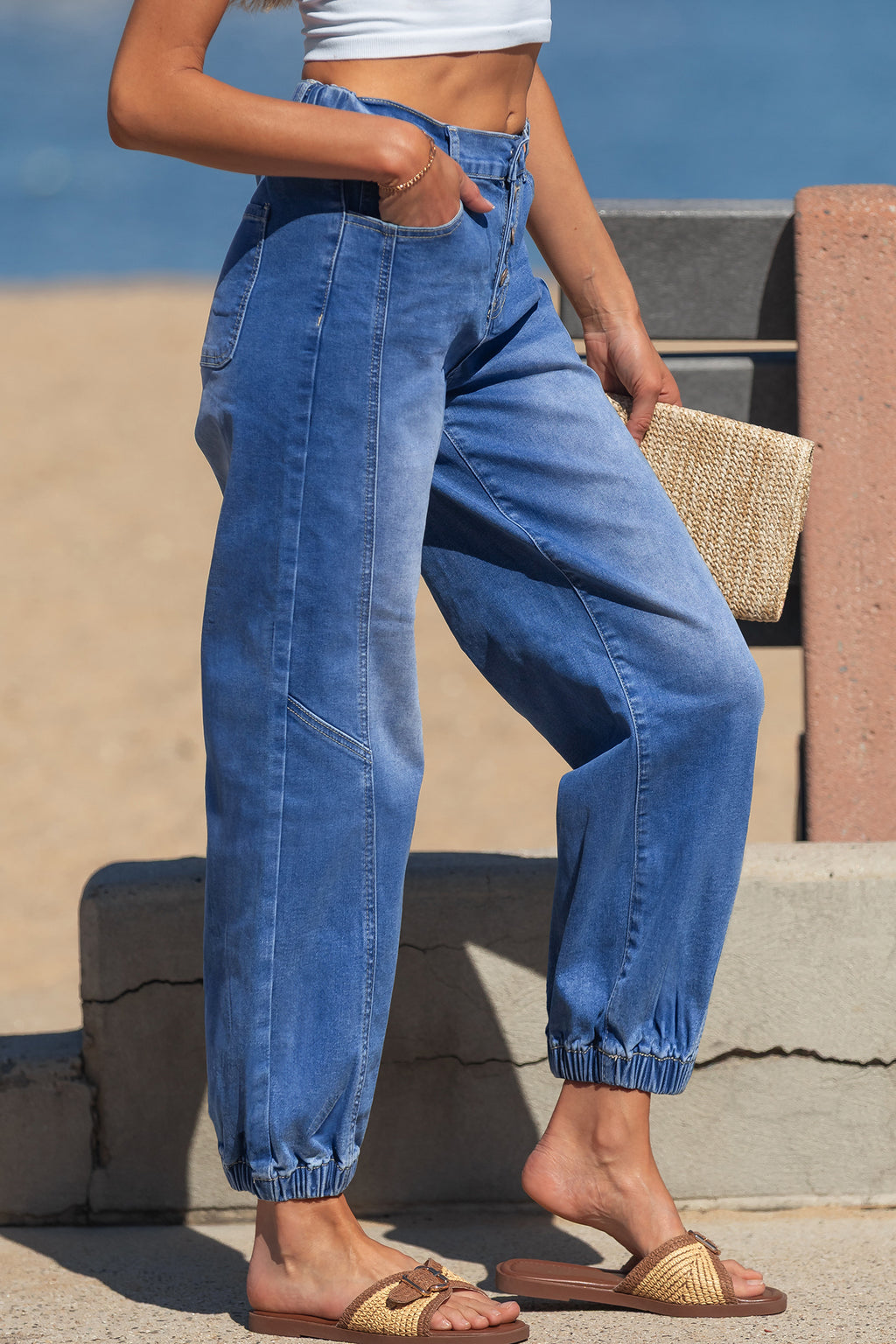 Mid Wash Button-Front Jogger Jeans