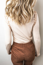 Vanilla Ruffle Trim Ribbed Long Sleeve Top