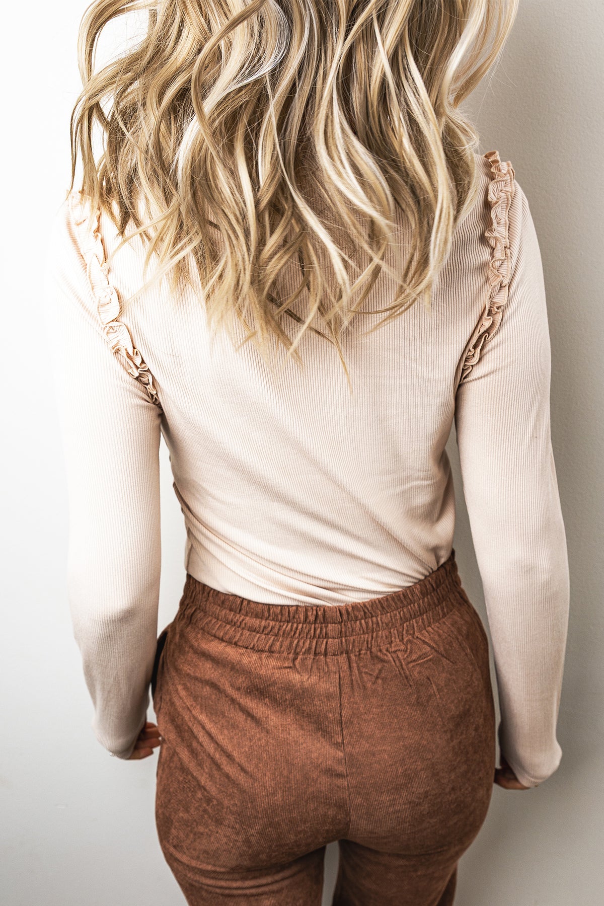 Vanilla Ruffle Trim Ribbed Long Sleeve Top