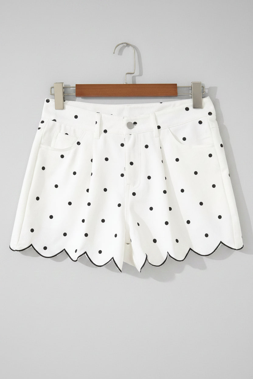 White Polka Dot Scallop-Hem Shorts