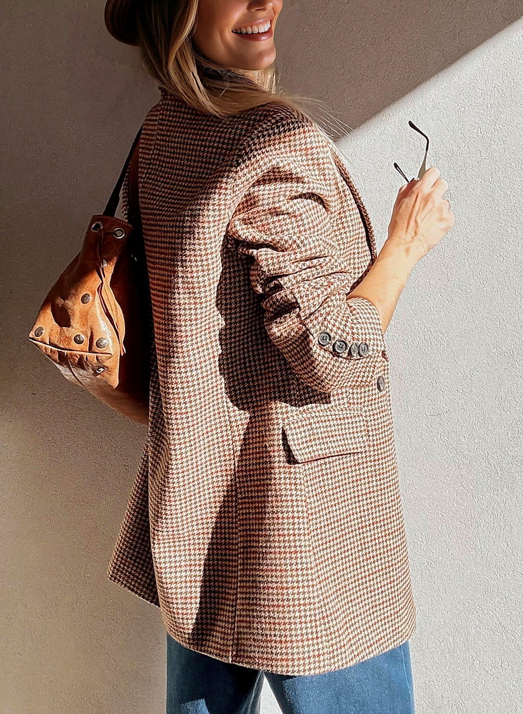 Mocha Houndstooth Double-Breasted Blazer