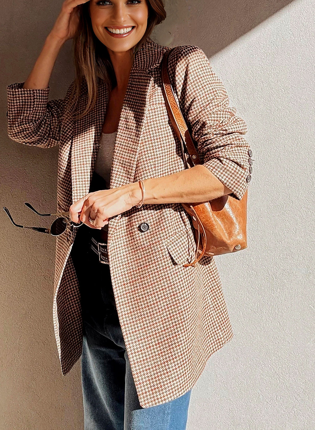 Mocha Houndstooth Double-Breasted Blazer