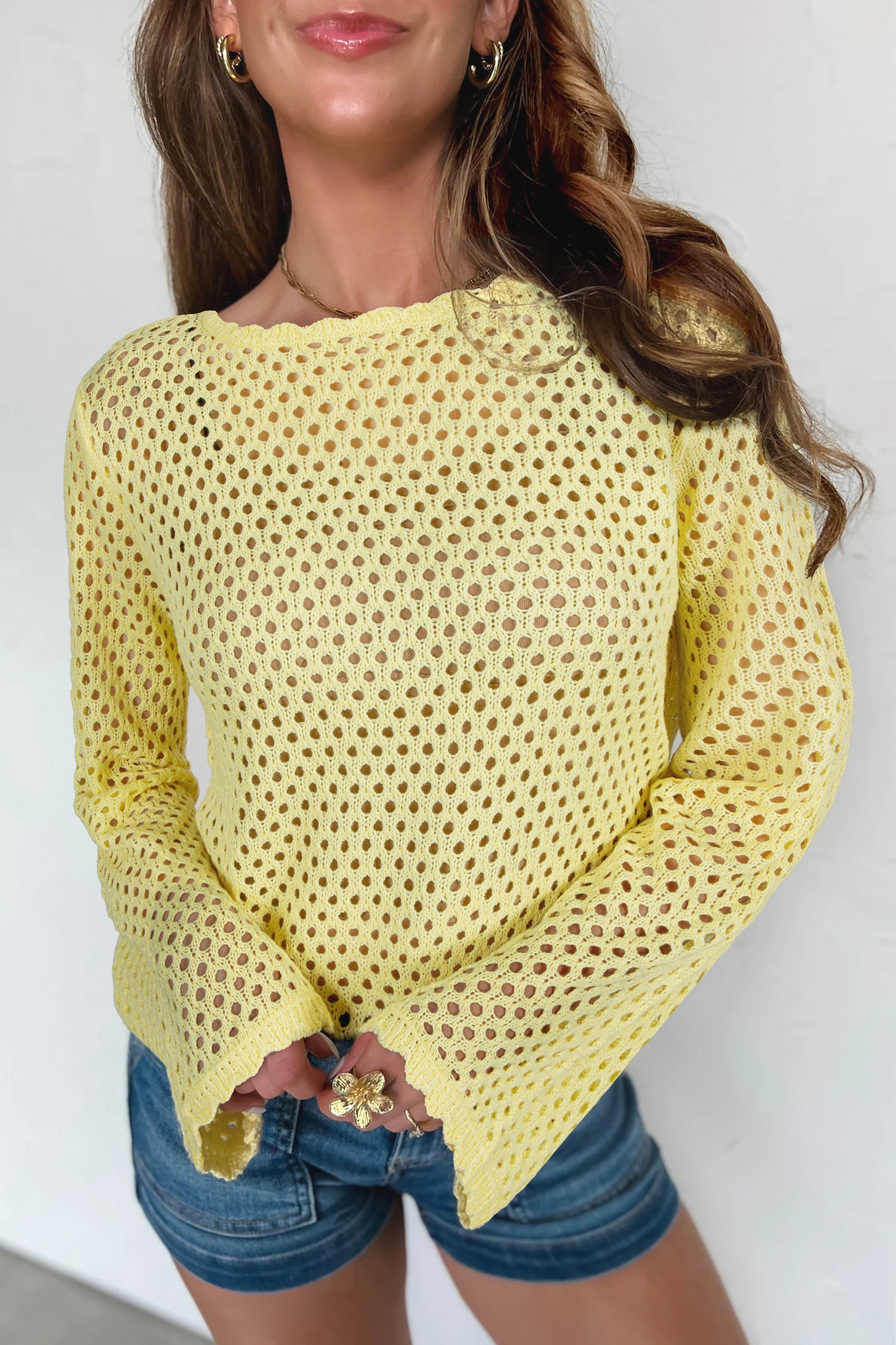 Scalloped Pointelle Knit Sweater