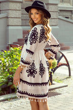 Vanilla Folk Print Tassel Trim Dress
