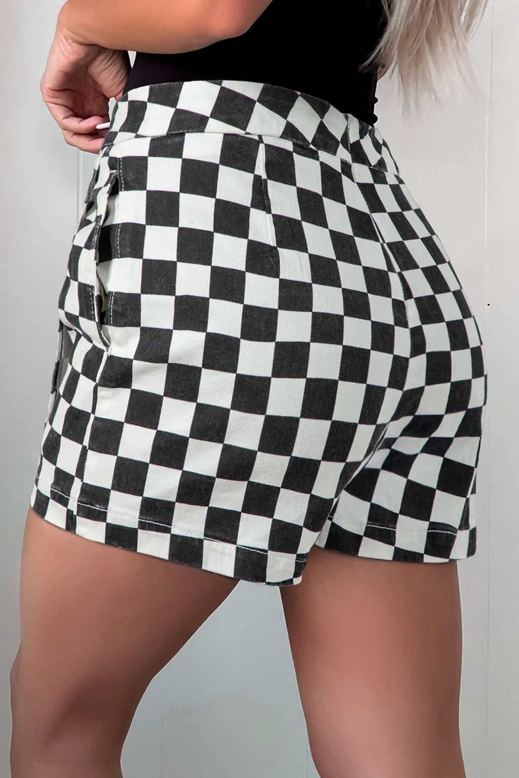 Checkerboard Wrap-Front Denim Shorts