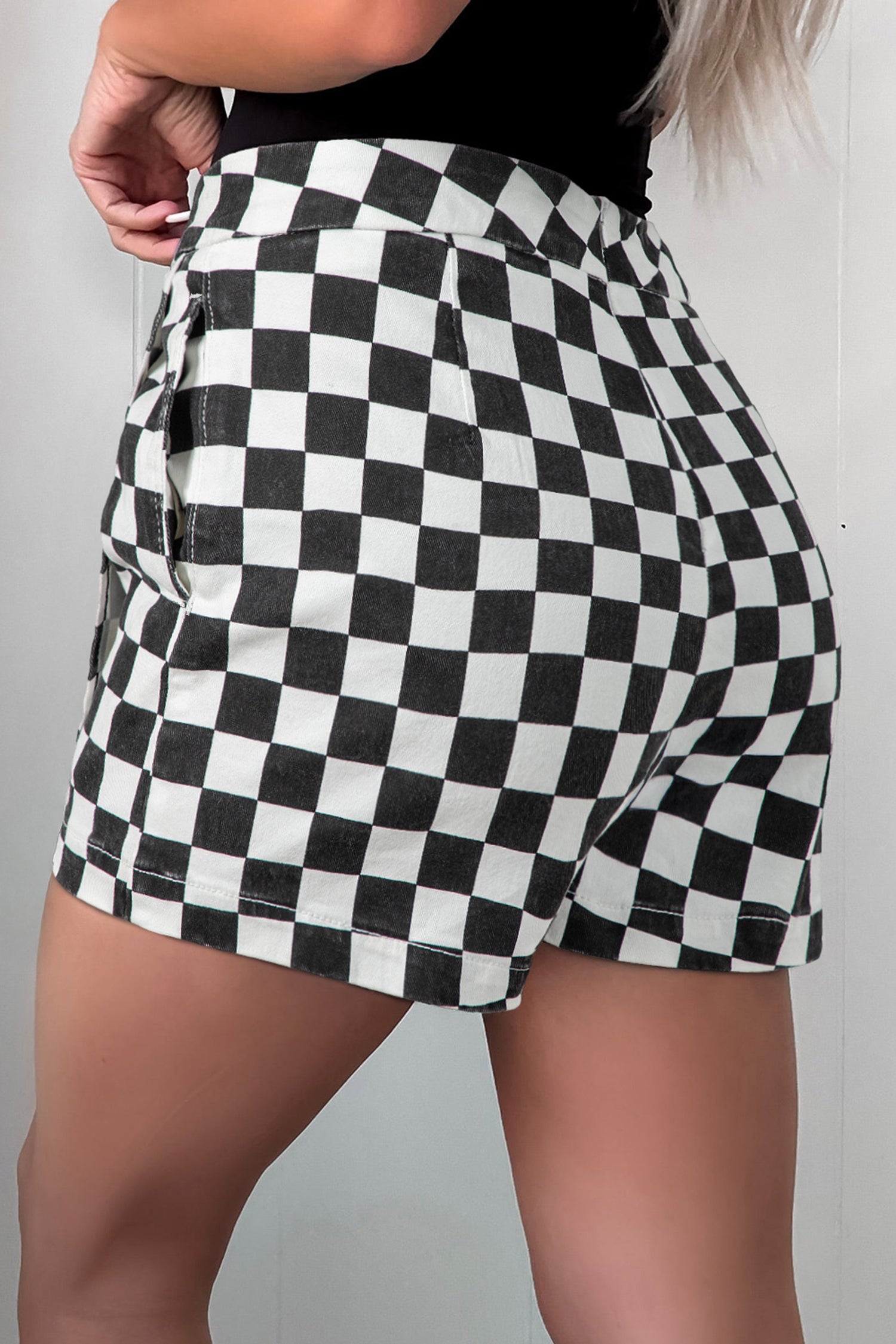 Checkerboard Wrap-Front Denim Shorts