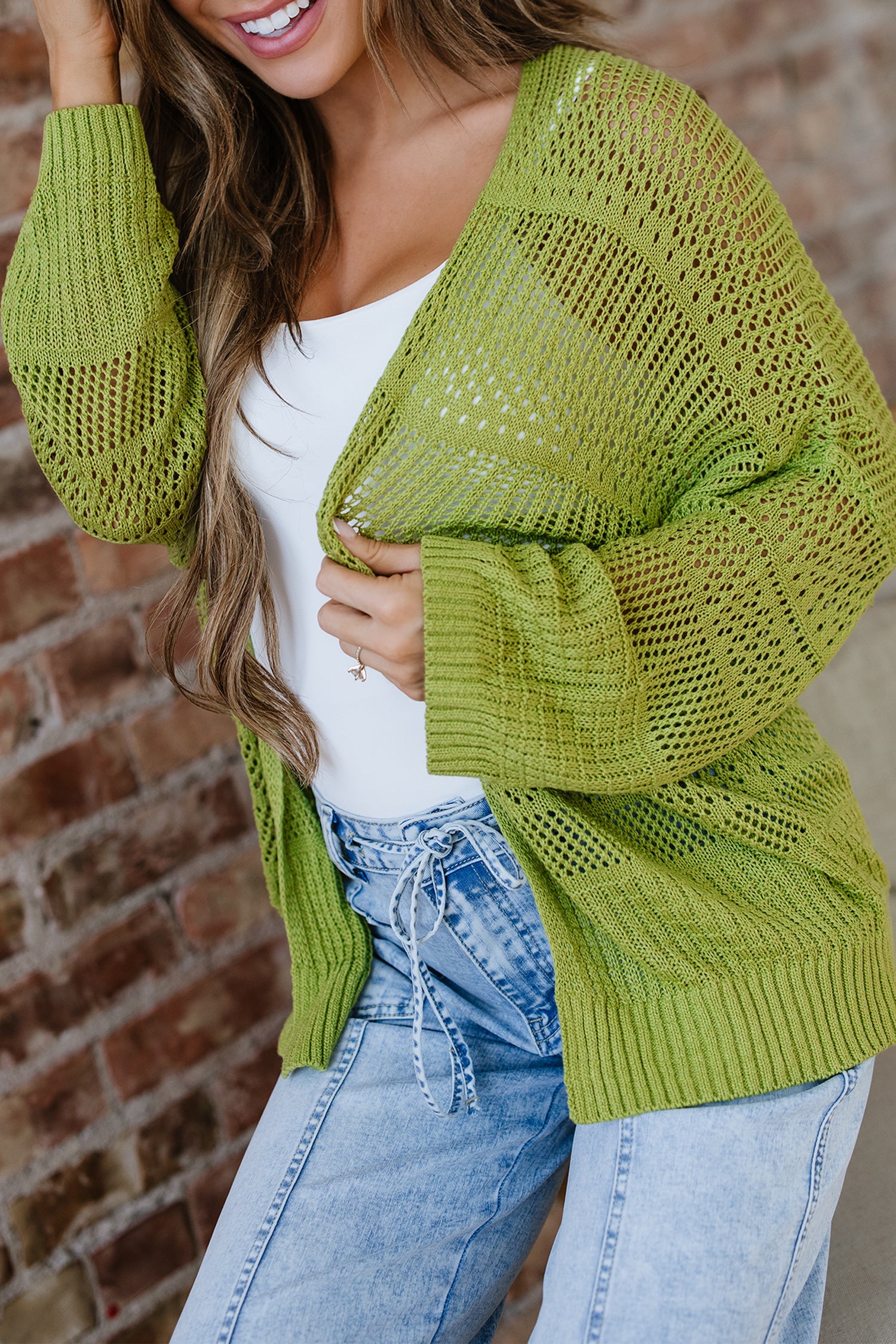 Pear Green Pointelle Open-Front Cardigan