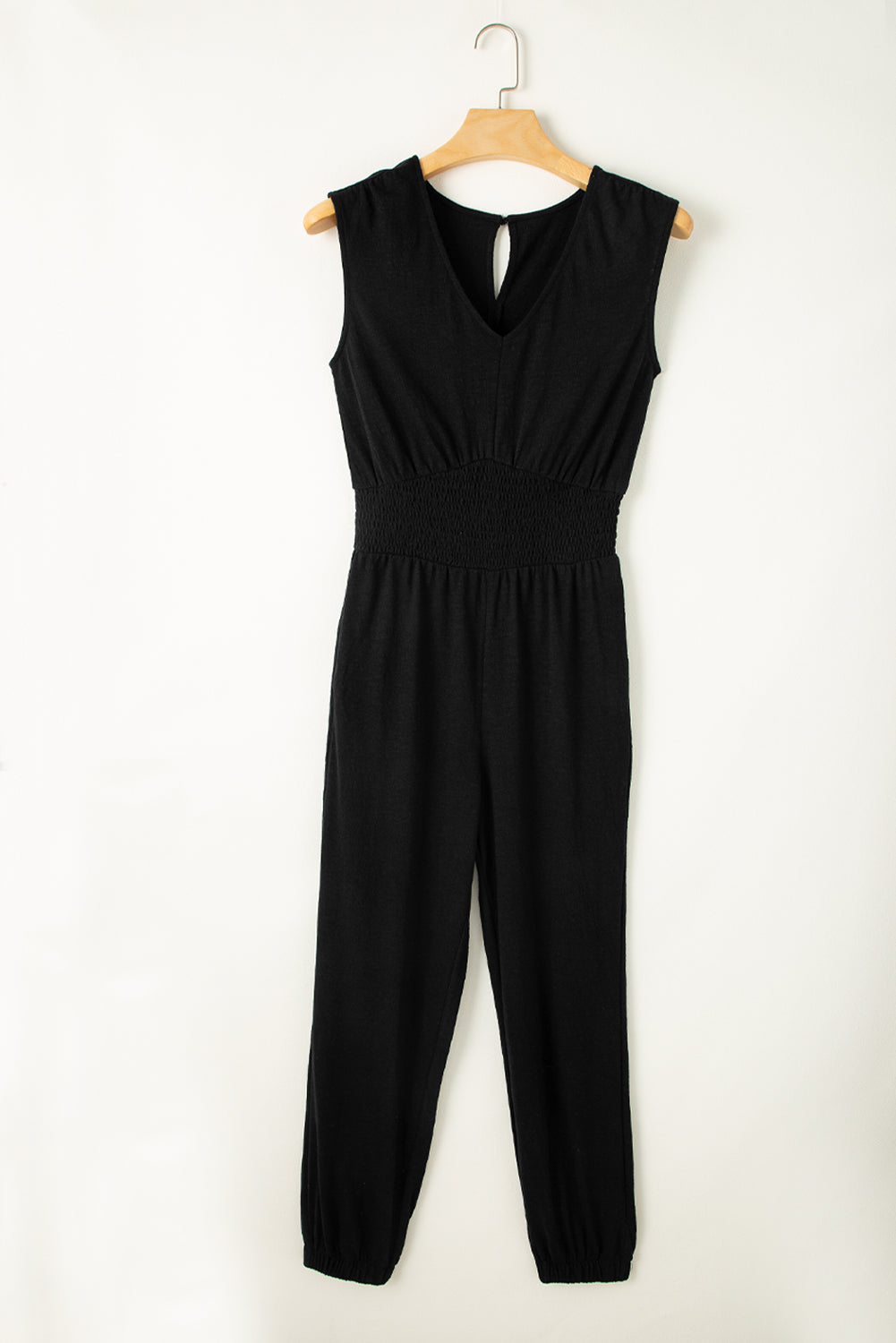 Black Shirred-Waist Sleeveless Jumpsuit