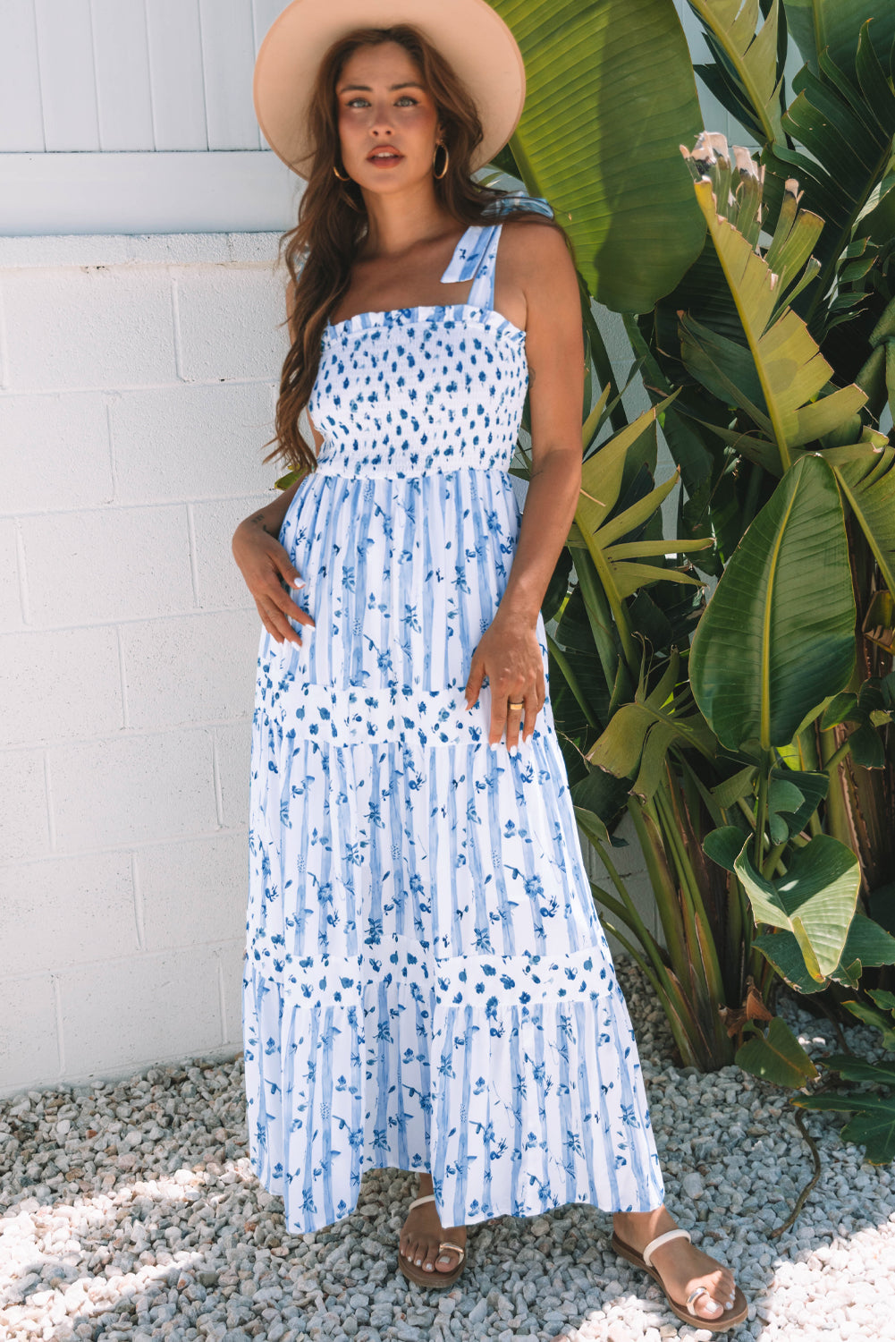 Blue and White Floral Stripe Maxi Dress