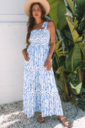 Blue and White Floral Stripe Maxi Dress