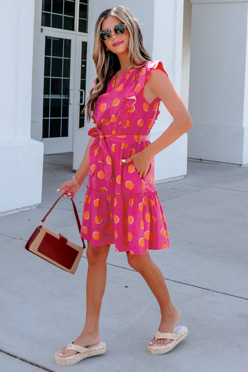 Fuchsia Polka Dot Belted Dress