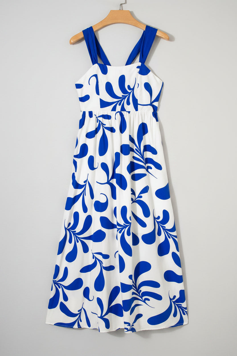 Blue and White Botanical Print Maxi Dress