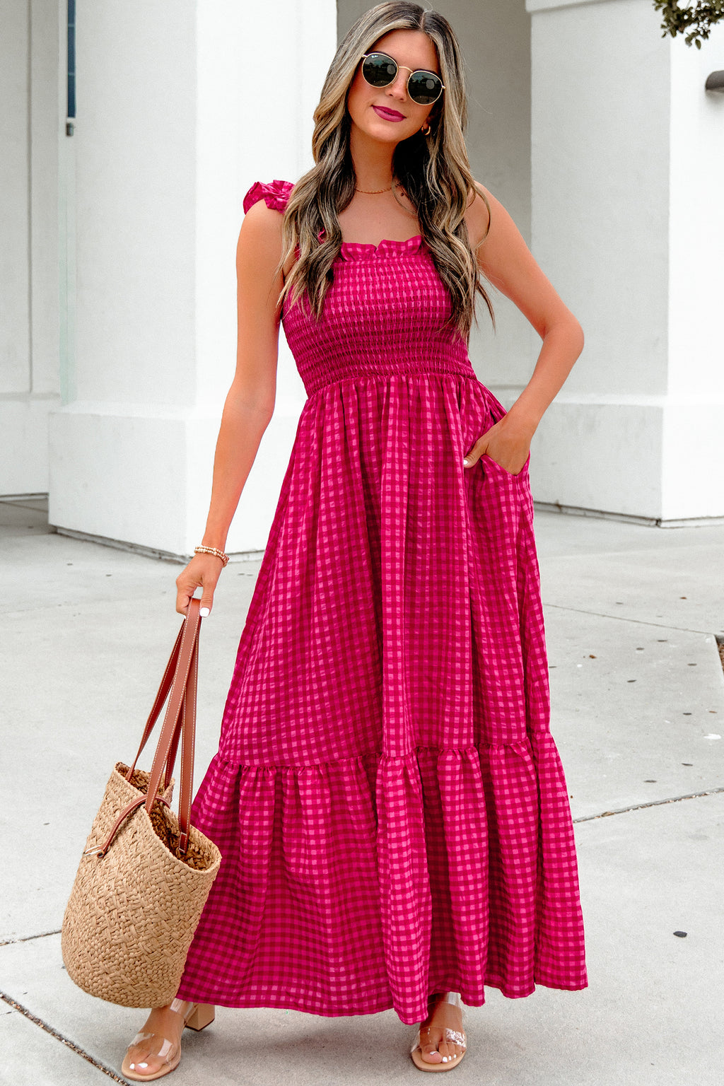 Magenta Gingham Ruffle Strap Maxi Dress