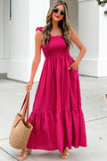 Magenta Gingham Ruffle Strap Maxi Dress