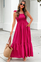 Magenta Gingham Ruffle Strap Maxi Dress