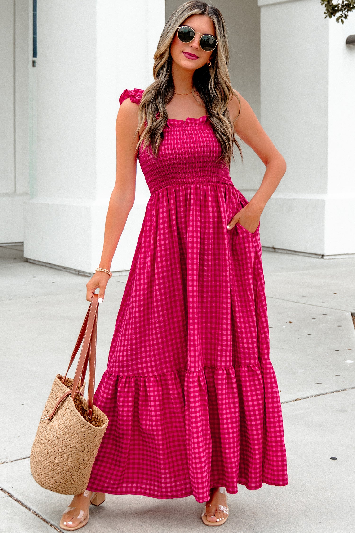 Magenta Gingham Ruffle Strap Maxi Dress