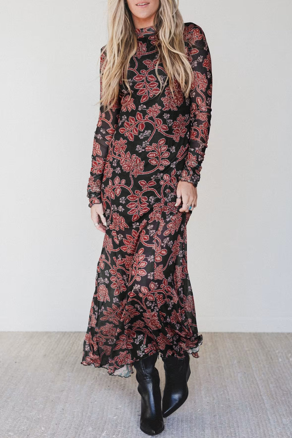 Black Floral Mesh Mermaid Midi Dress