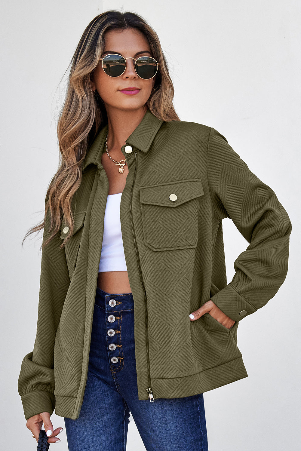 Olive Textured Zip-Up Jacket