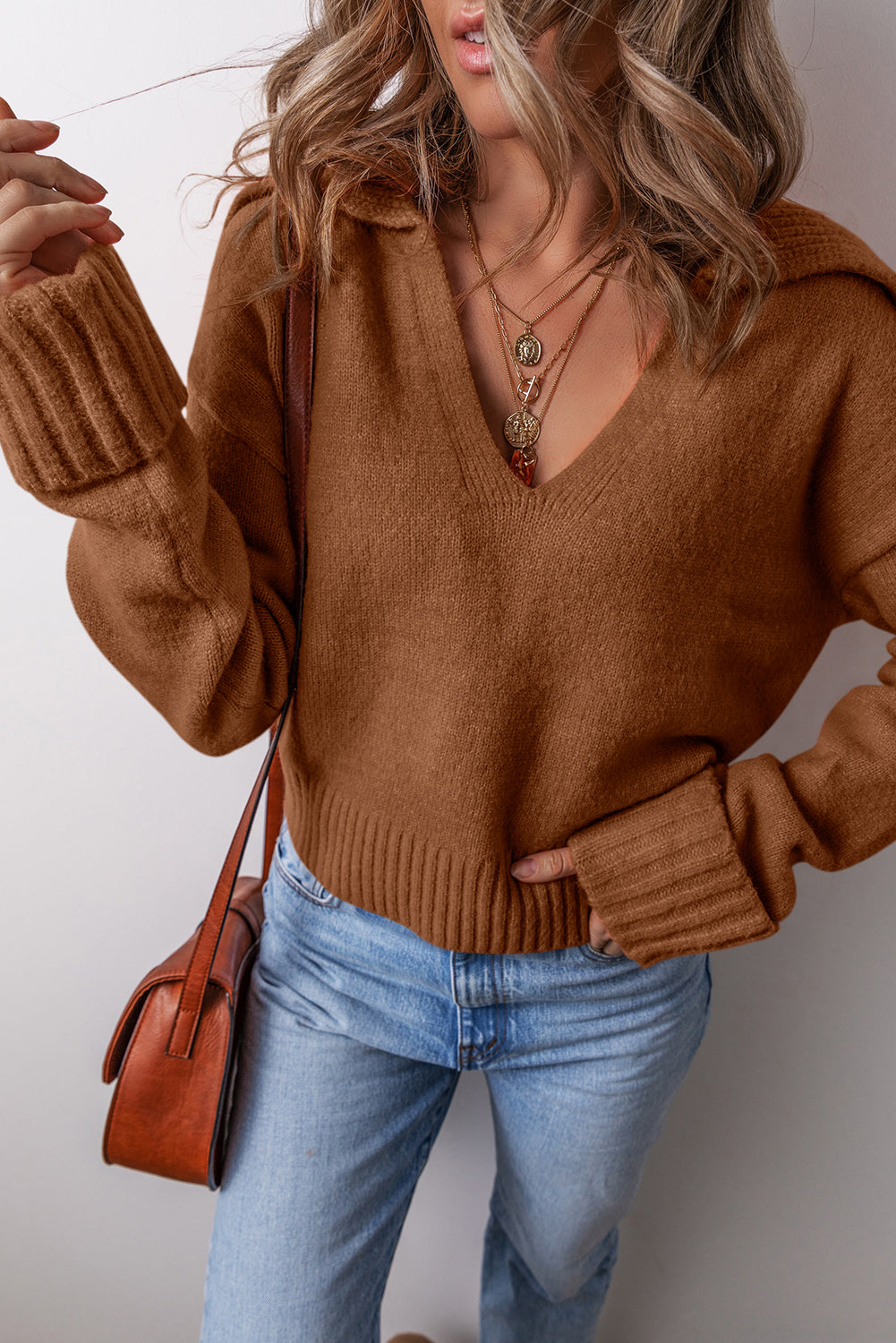 V-Neck Collared Knit Sweater