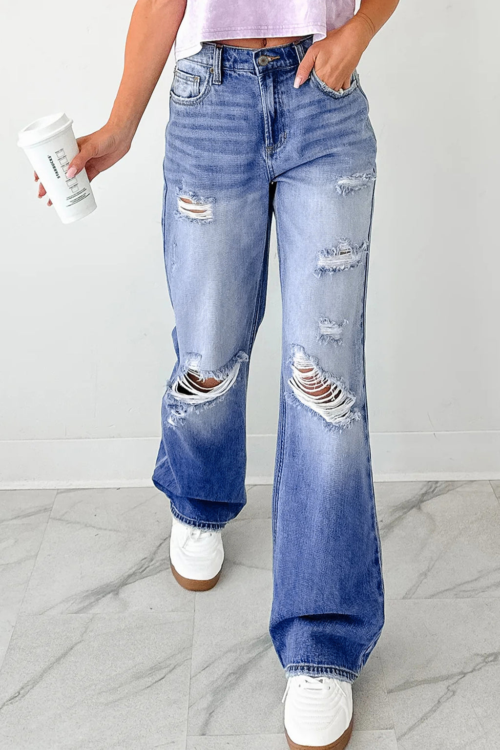 Mid-Wash Distressed Straight-Leg Jeans
