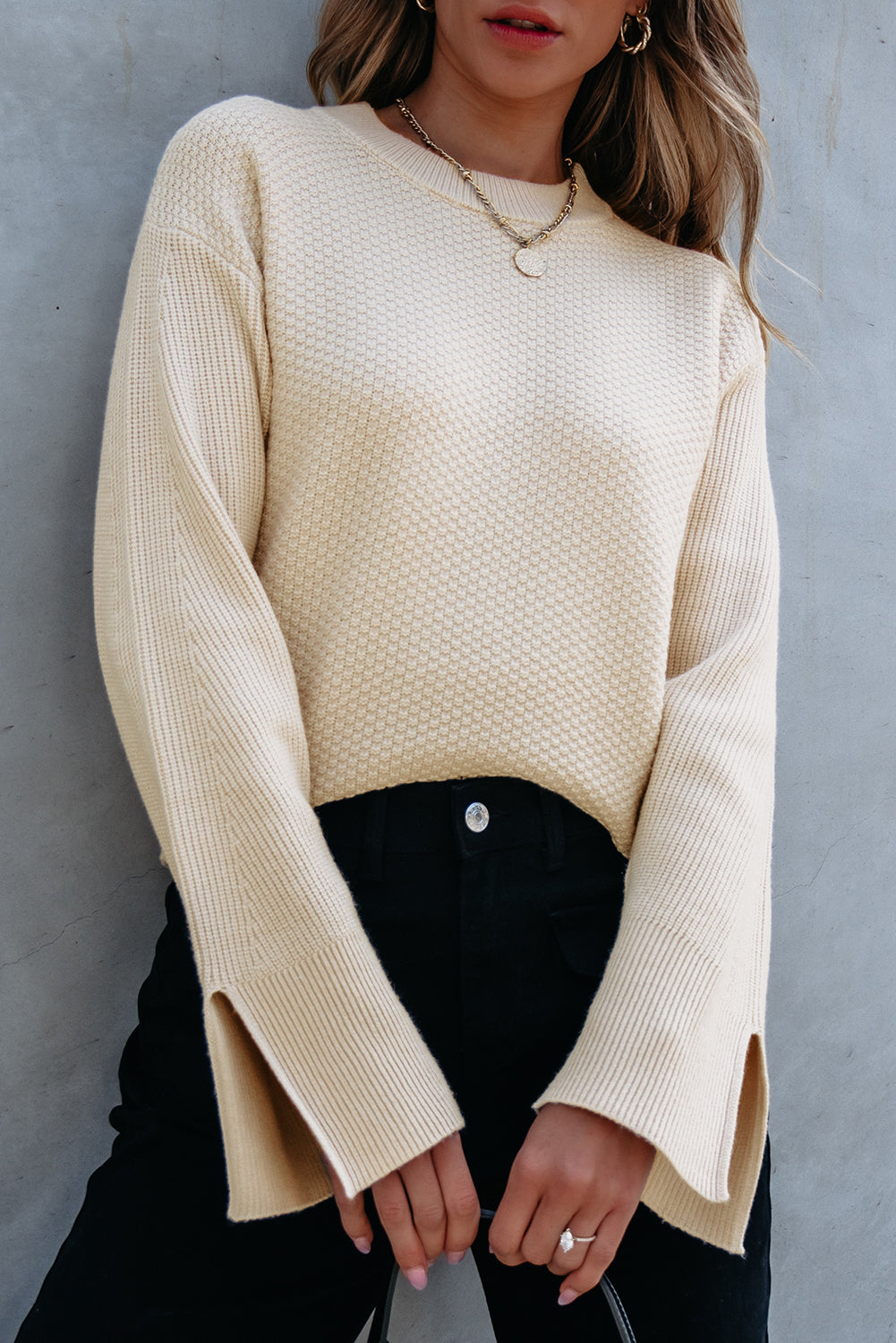 Parchment Textured Knit Split Cuff Sweater