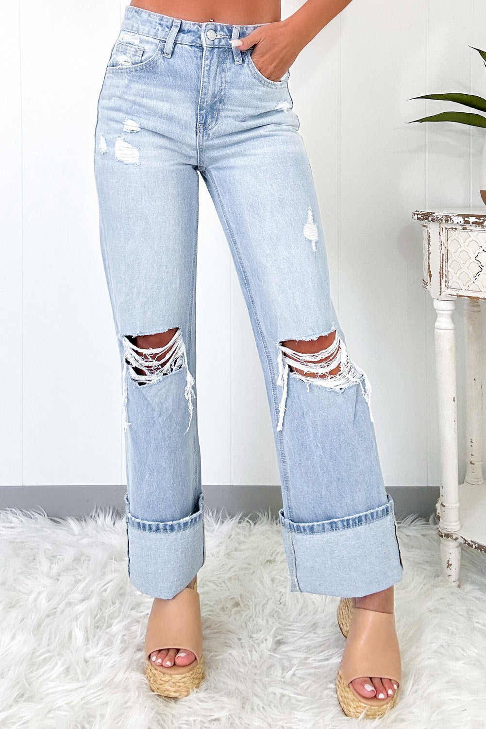 Light Wash Distressed Straight Leg Jeans