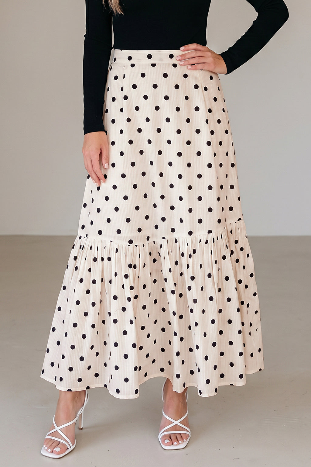White Polka Dot Tiered Maxi Skirt