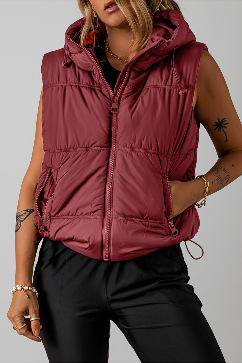 Burgundy Hooded Puffer Vest