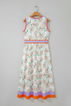 Cream Floral Print Belted Midi Dress