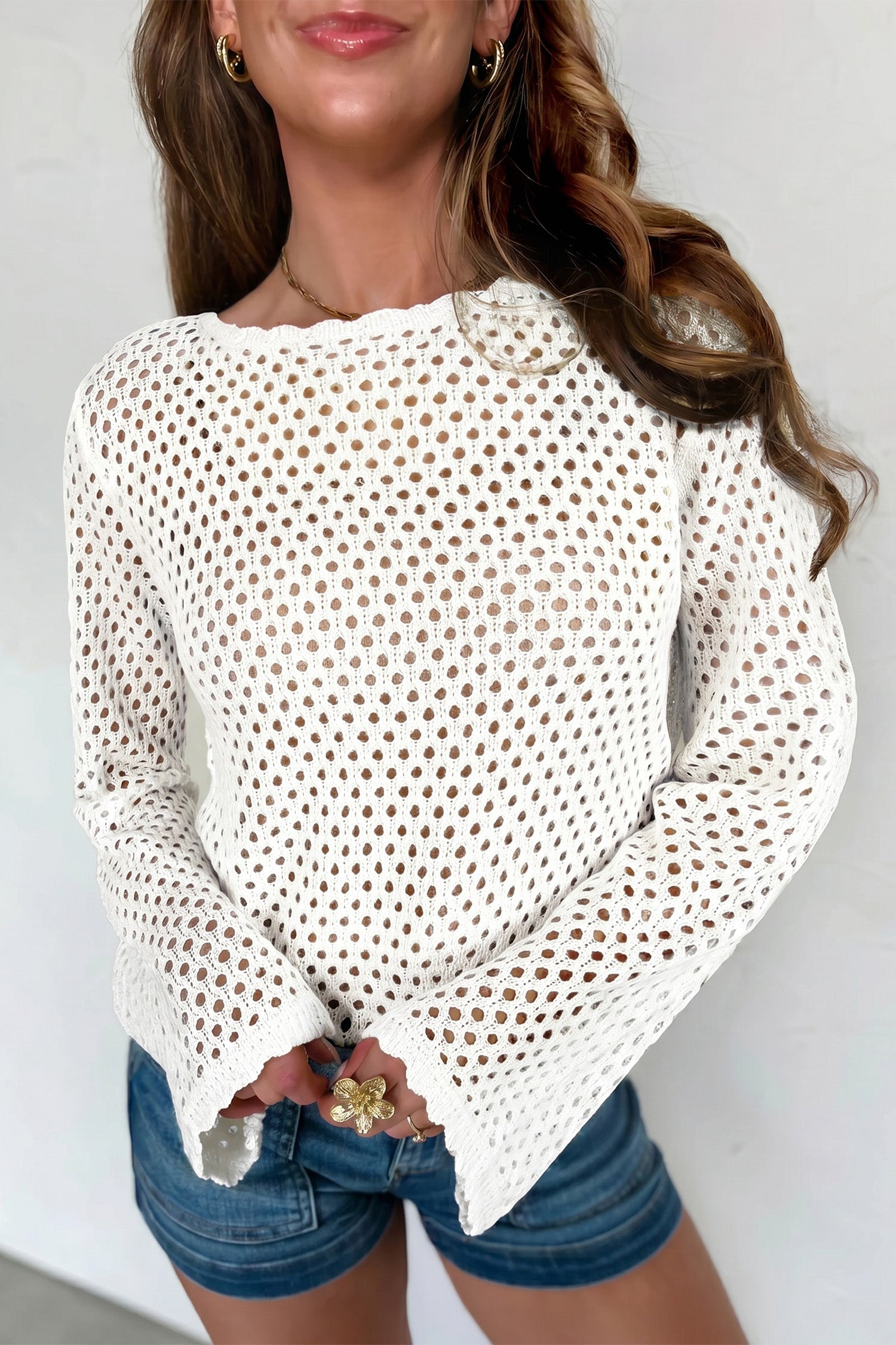 Scalloped Pointelle Knit Sweater