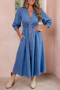 Mid Wash Denim Zip Front Midi Dress