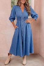 Mid Wash Denim Zip Front Midi Dress