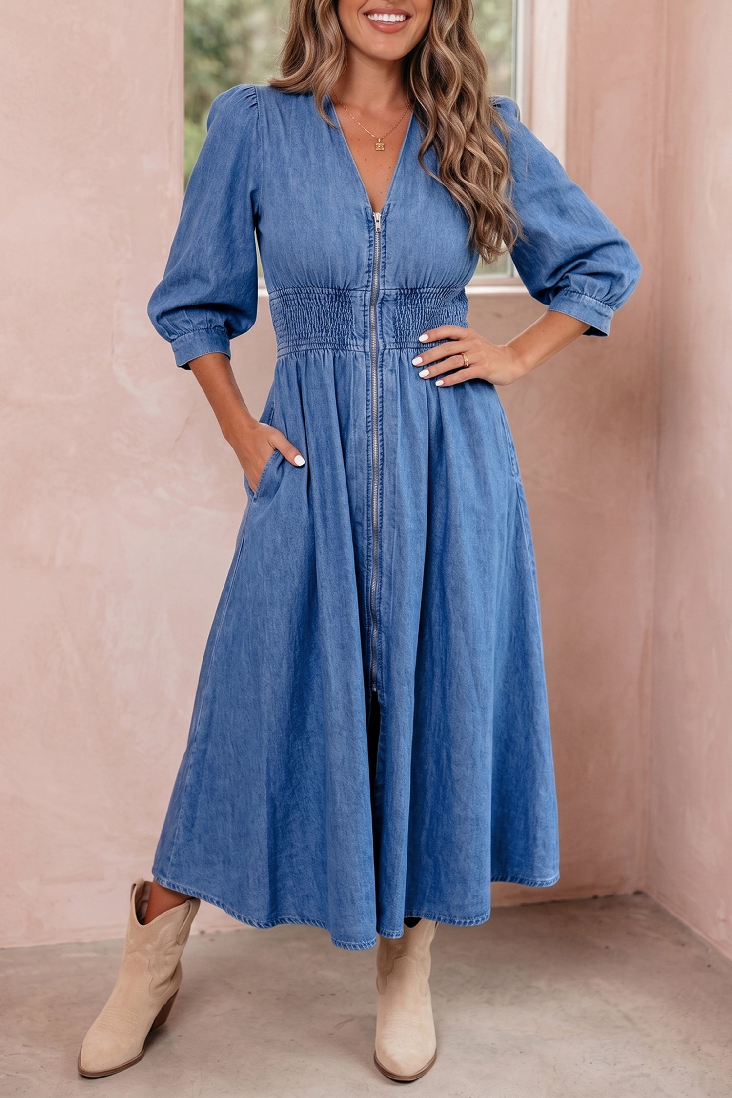 Mid Wash Denim Zip Front Midi Dress