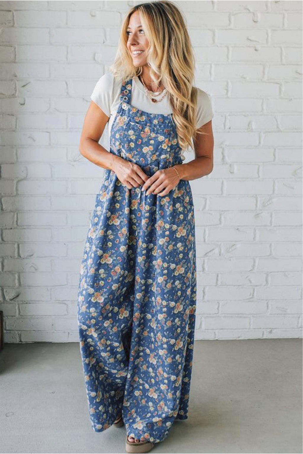 Dusty Blue Floral Wide Leg Overall Jumpsuit
