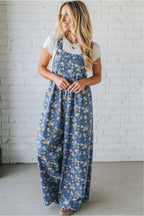 Dusty Blue Floral Wide Leg Overall Jumpsuit