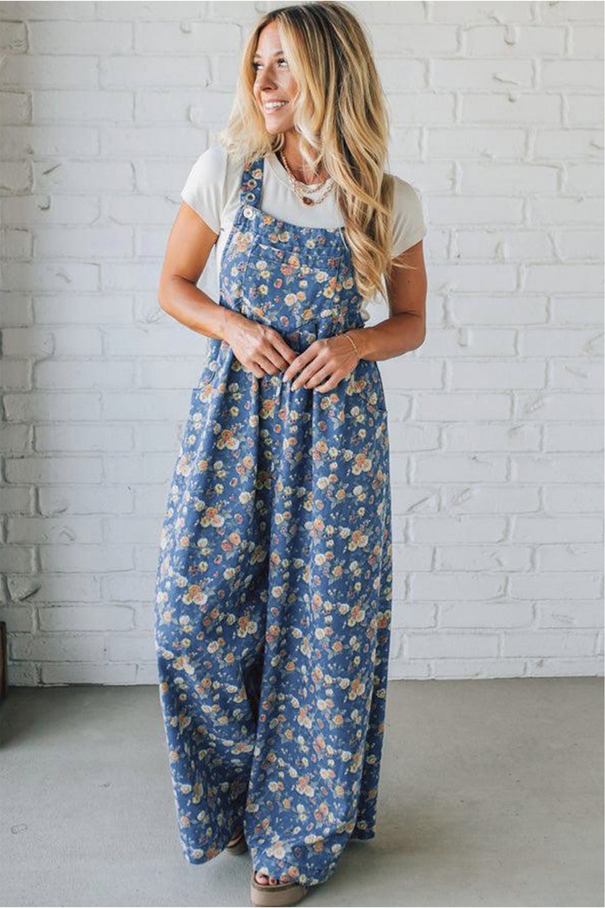 Dusty Blue Floral Wide Leg Overall Jumpsuit