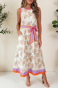Cream Floral Print Belted Midi Dress
