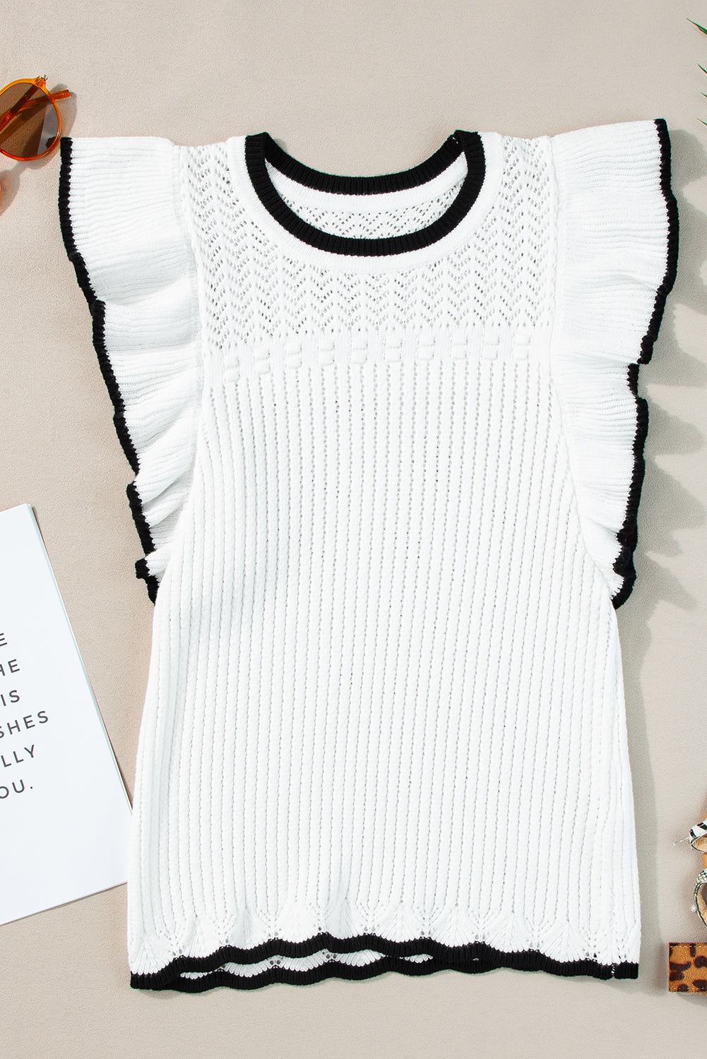 White Contrast Ruffle Trim Crochet Knit Vest