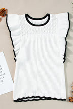 White Contrast Ruffle Trim Crochet Knit Vest