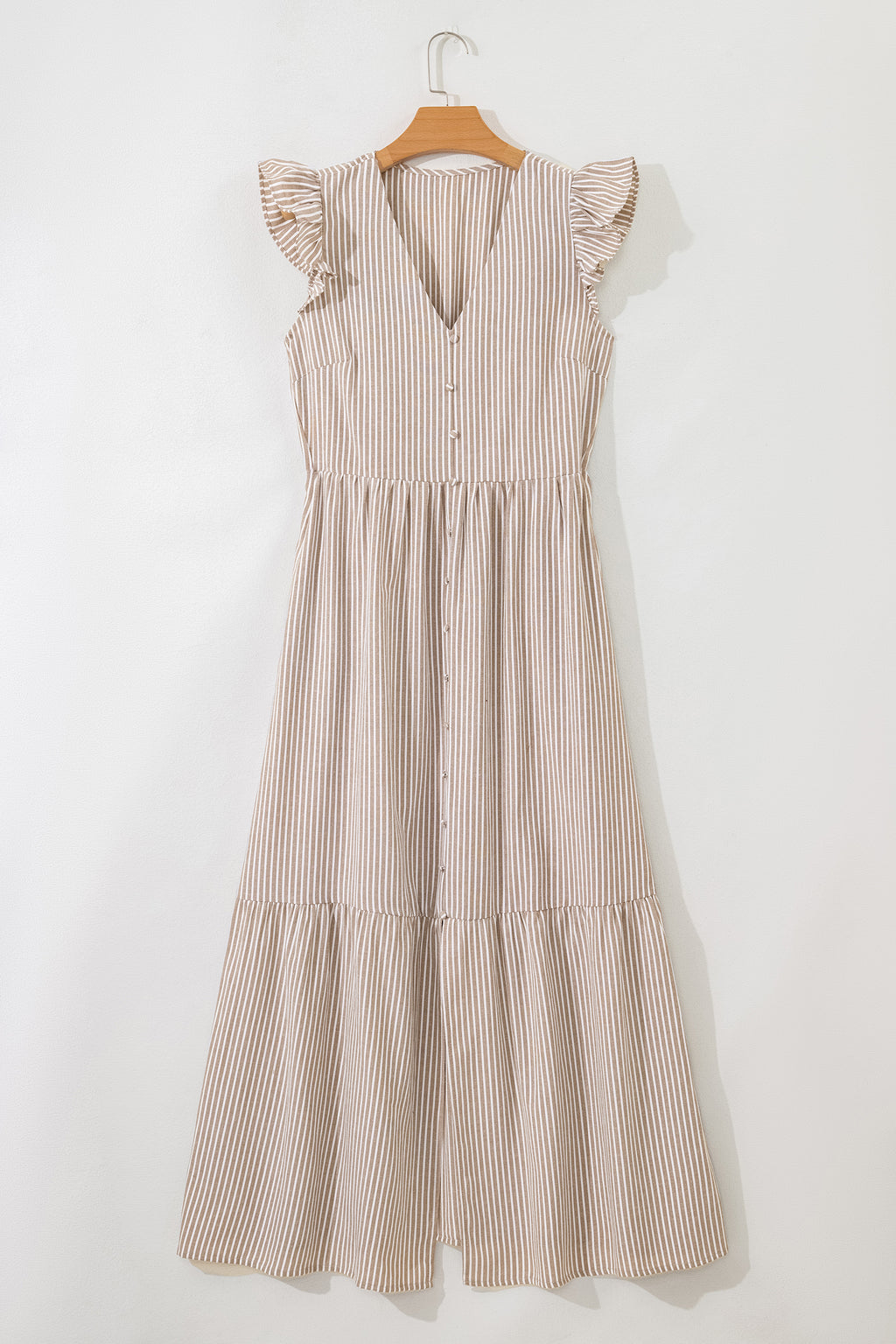 Tan and White Stripe Tiered Maxi Dress