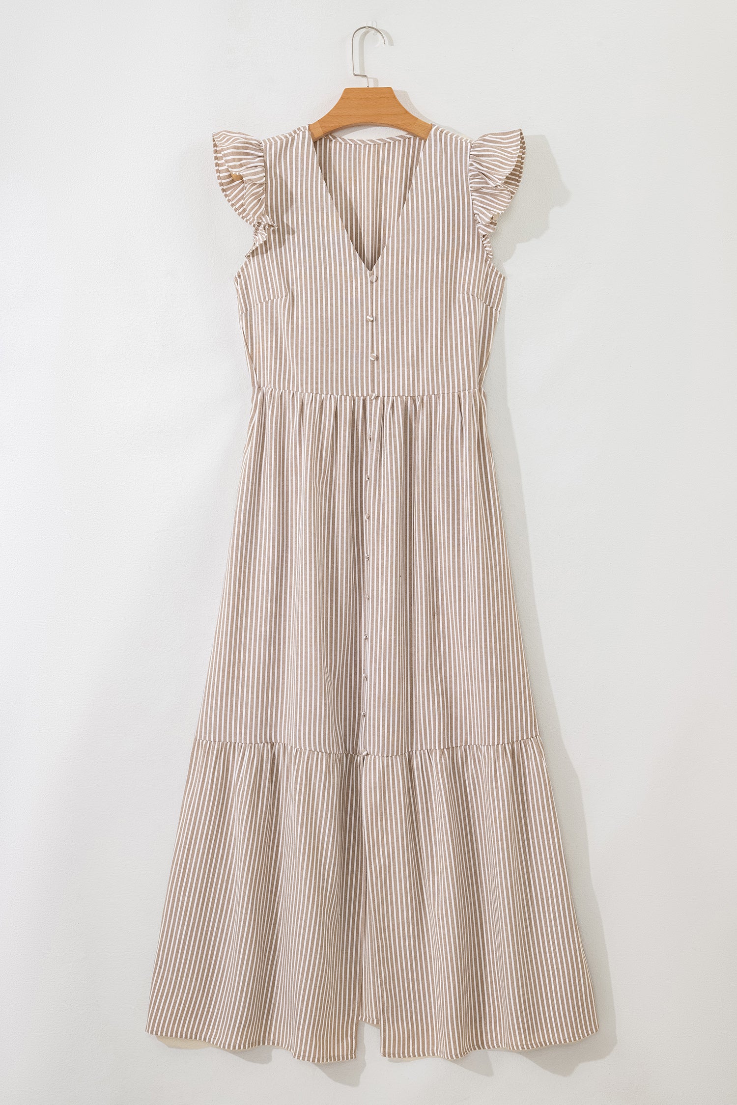 Tan and White Stripe Tiered Maxi Dress