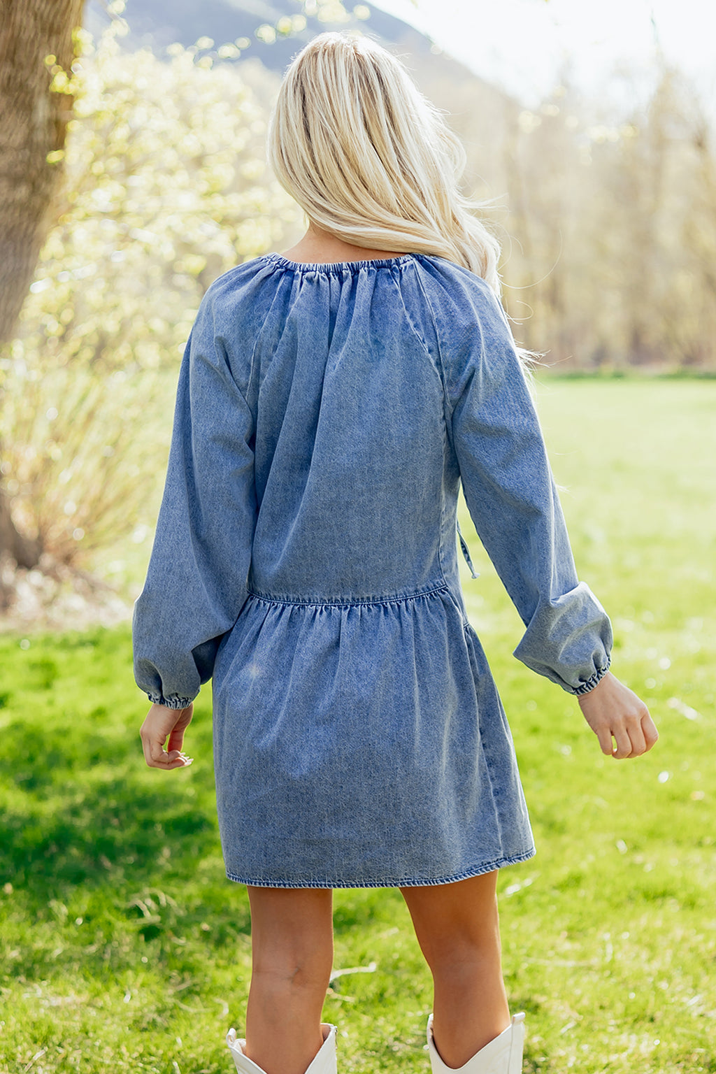 Mid Wash Denim Puff Sleeve Mini Dress