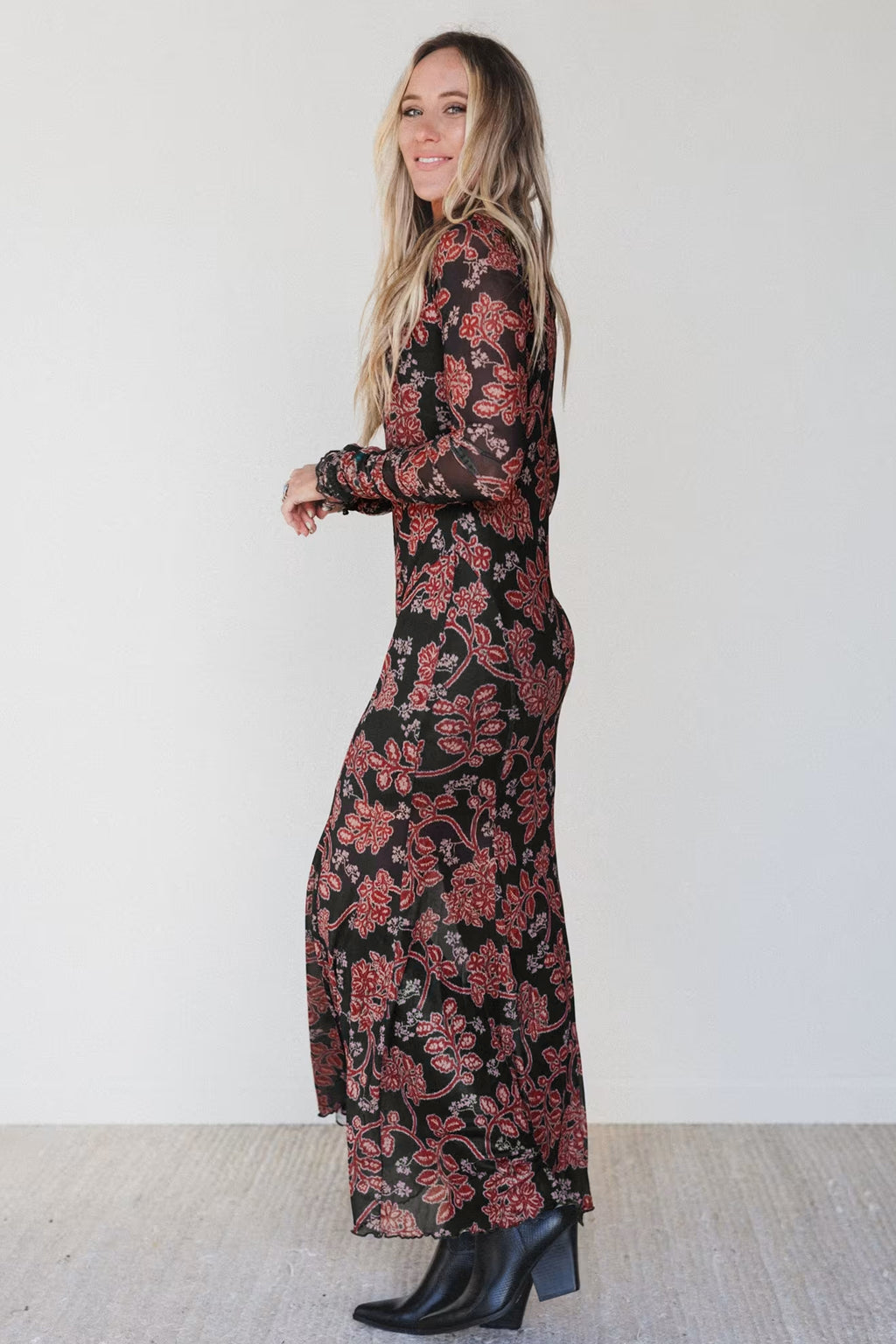 Black Floral Mesh Mermaid Midi Dress