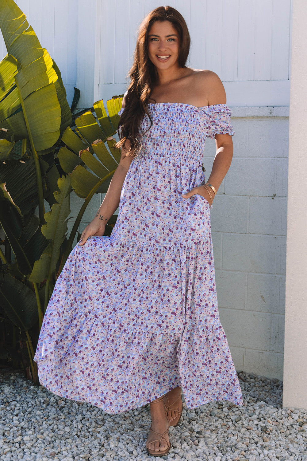 Lavender Ditsy Floral Off Shoulder Maxi Dress